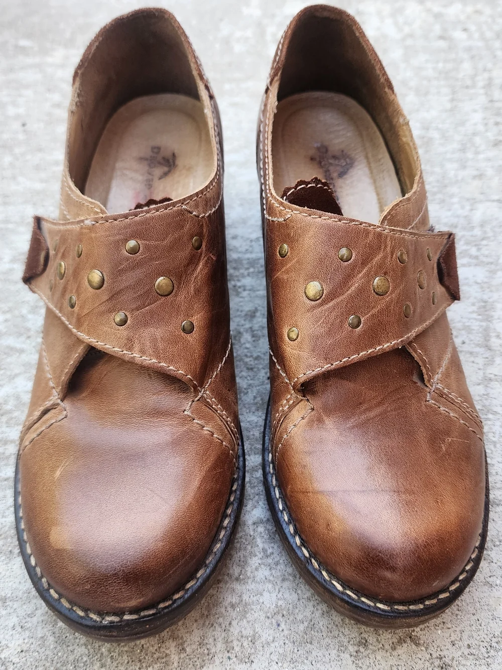 Dromedaris Brown Leather Chunky Studded Womens Low Heel Booties, EU 38 US 7.5